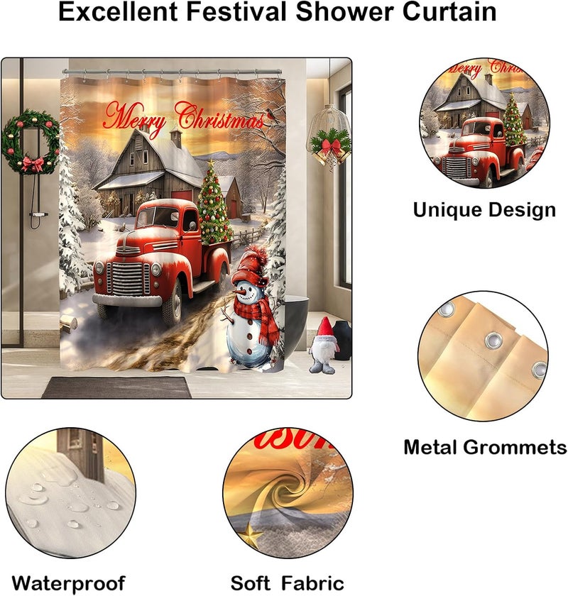 YOSTEV Red Truck Christmas Shower Curtains for Bathroom Decoration Christmas Tree Shower Curtain Winter Vintage Rustic Farmhouse Bathroom Curtain Xmas Pine Fabric Cloth Bath Curtain 72x72 Inch - Image 3